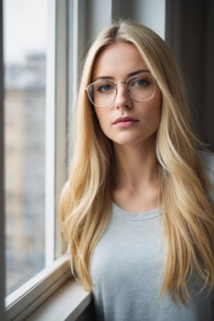 beautiful woman, 25 years old, long blonde hair glasses, sad, looking out large window