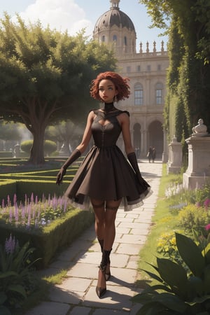 solo, palace in background,vivid, colors, dress, silvery glow, mist, bone gloves, lady,royal, walking in garden, full body, path , naomi scott, red hair, green eyes, (brown skin:1.3), Abstract Iridescent Photo-Style by Nouni