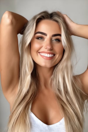 beautiful blonde woman, 23 years old, happy and excited