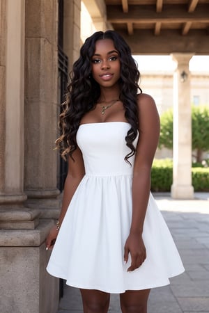 sfw, Beautiful 20 year old black woman, long wavy brunette hair, white dress