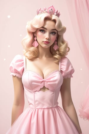 photogenic beautiful woman, princess peach, (((pink dress, pink theme))), blonde hair, big cleavage, crown, leather (bodice, midriff), (laces),  solo, best quality, high detail, 4k, 8k resolution photo by Guy Aroch photo by Glen Luchford earring, bokeh, blurry foreground,iridescent aura,