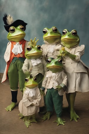 family of frogs, wearing colonial clothing, posing for picture