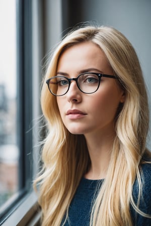 beautiful woman, 25 years old, long blonde hair glasses, sad, looking out large window
