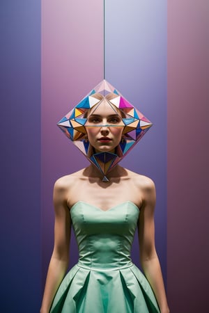 (((masterpiece))),(best quality),((ultra-detailed)), Extreme geometry made of glass- mostly shaped in merkaba- a lady is in the corner agianst the glass- she is not the focal point- the focal point is the pastel abstract art while she is in high cinematic photgraphy wearing couture,