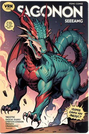 colorful, comic dragon chasing sreaming woman