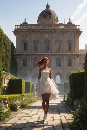 solo, palace in background,vivid, colors, dress, silvery glow, mist, bone gloves, lady,royal, walking in garden, full body, path , naomi scott, red hair, green eyes, (brown skin:1.3), Abstract Iridescent Photo-Style by Nouni