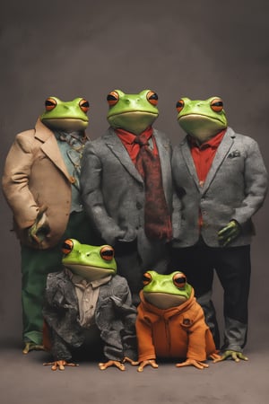 family of frogs, wearing modern clothing, posing for picture