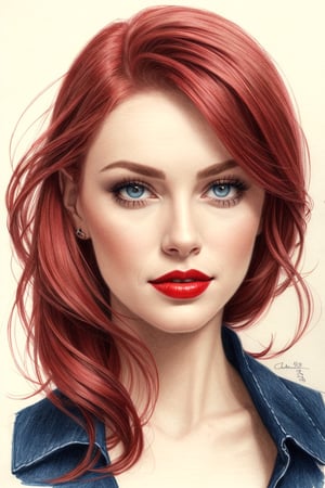 pencil Sketch of a beautiful woman 35 years old, with red hair, portrait by Charles Miano, ink drawing, illustrative art, soft lighting, detailed, more Flowing rhythm, elegant, low contrast, add soft blur with thin line, red lipstick, blue eyes.