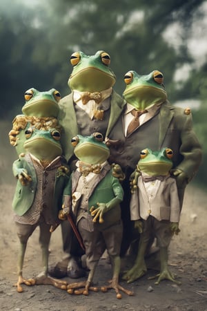 family of frogs, wearing modern clothing, posing for picture