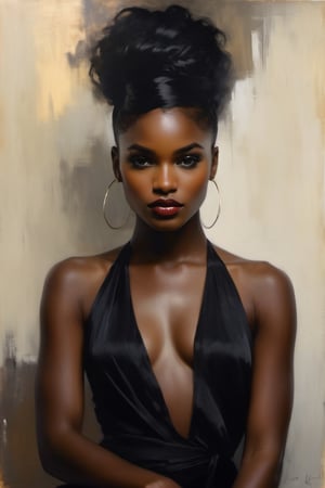 head to thigh shot, Casey Baugh's evocative style, a beautiful and exciting black woman,  captivating blend of mystery and allure. With piercing eyes and flowing black hair,  Baugh's brushwork infuses the painting highlighting the girl's delicate features and contrasting them against a backdrop of rich hues.  artwork, creating a beautiful portrayal of this beautiful lady , nsfw, 