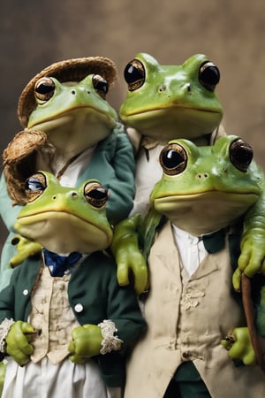 family of frogs, wearing colonial clothing, posing for picture