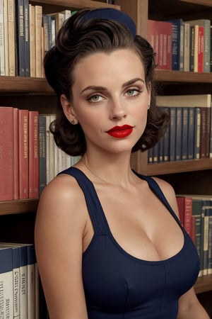 ((upper body portrait)),Photography by Garry Winogrand, a beautiful busty young ((black woman) Wearing Navy Blue Berets,Sporting Victory Rolls Hairdo,Inside a 1950s Public Library: Packed bookshelves,  librarian, olive skin tone, highly detailed face,red lipstick, (simple background,dark background):1.2, 1960s style,retro,vintage,old photo style,vibrant colors,, epiCRealism,