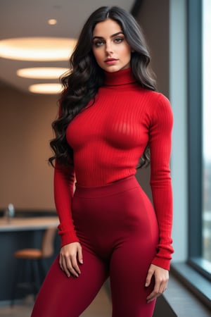 best quality, masterpiece, beautiful and aesthetic, 16K, (HDR:1.4),   half body view, long wavy black hair, red tight pants, tight red turtleneck sweater, (thigh gap), a beautiful girl, oversized clevage, Hourglass body, thin waist, 
