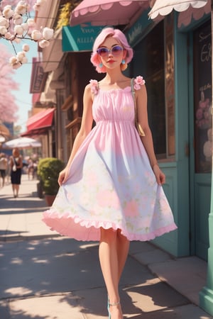 photogenic beautiful woman, Nobody_alie-Natalie, solo, walking, best quality, high detail, 4k, 8k resolution photo by Steven Meisel photo by Patrick Demarchelier earring, sundress cafe date, sunglasses, casual and cute,((pastel floral hem cotton sundress)), high heels, collarbone, outdoor cafe, spring blossom, cheerful, vibrant colors, detailed, warm, pleasant, girl next door, 8k resolution bokeh, iridescent aura,shadows above,