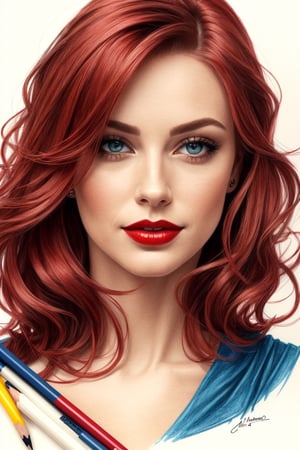 pencil Sketch of a beautiful woman 35 years old, with red hair, portrait by Charles Miano, ink drawing, illustrative art, soft lighting, detailed, more Flowing rhythm, elegant, low contrast, add soft blur with thin line, red lipstick, blue eyes.
