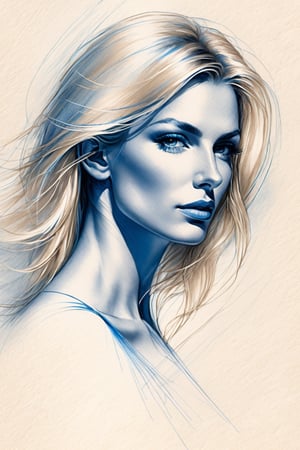 pencil Sketch of a beautiful mature abstract woman 40 years old, with straight blonde hair, medium breast, pointed nose, no jewelry, she express her deep soul and strength combined with softness and sensuality, wearing blue, alluring, portrait by Charles Miano, pastel drawing, illustrative art, soft lighting, detailed, more Flowing rhythm, elegant, low contrast, add soft blur with thin line, 