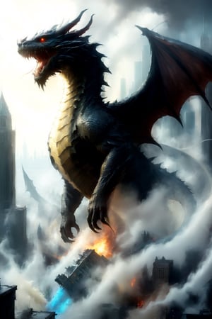 surrealism, (abstract), painting, bad dragon attacking city