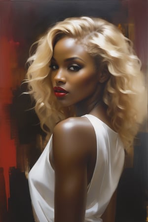 head to thigh shot, Casey Baugh's evocative style, a beautiful and exciting black woman,  captivating, allurring. flowing blonde hair,  Baugh's brushwork infuses the painting highlighting the girl's womanly curves and contrasting them against a backdrop of rich hues.  artwork, creating a beautiful portrayal of this beautiful lady , nsfw, 