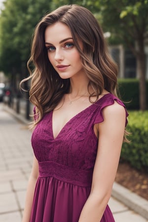 sfw, Beautiful 25 year old woman, long wavy brunette hair,  dark pink dress
