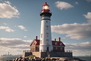 old and elegant lighthouse in New York city, very detailed, amazing quality, intricate, cinematic light, highly detail, beautiful, surreal, dramatic, 4k, sharp focus, hyper detailed realistic
