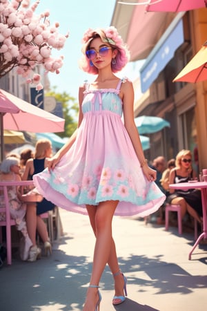 photogenic beautiful woman, Nobody_alie-Natalie, solo, walking, best quality, high detail, 4k, 8k resolution photo by Steven Meisel photo by Patrick Demarchelier earring, sundress cafe date, sunglasses, casual and cute,((pastel floral hem cotton sundress)), high heels, collarbone, outdoor cafe, spring blossom, cheerful, vibrant colors, detailed, warm, pleasant, girl next door, 8k resolution bokeh, iridescent aura,shadows above,