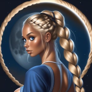 sexy cute super dark tanned woman with deep blue eyes and super long braided blonde pigtails and a big booty under a huge moon award winning hyper realistic, hyper quality,  perfect composition,insanely stunning and gorgeous


