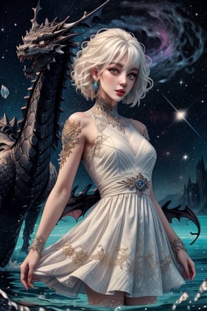 ((masterpiece, best quality)), cute girl, white hair, white dress, rest, black dragon behind, sparkle, water, hd, mix of fantastic and realistic elements,uhd image,crystal clear translucency,vibrant artwork, cosmic style
