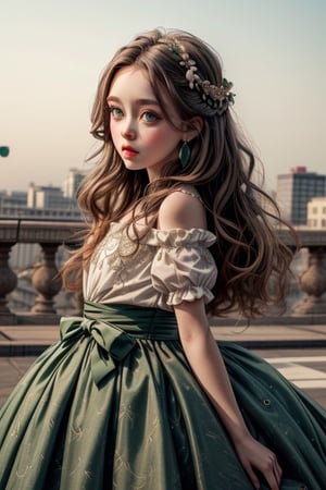 A little girl maybe 3 years with super long hair and deep green eyes in a ball gown from waist up ,hyper quality, hyper realistic 