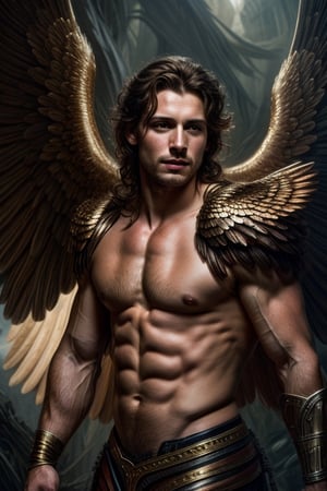 photorealistic portrait of a muscular male angel hiding behind his big wings, large wings, highly detailed portrait, atmospheric lighting, high quality, 4 k, by leonardo gallagher ich parrish, tom bagshaw, smooth, sharp focus, by gaston bussiere  and j