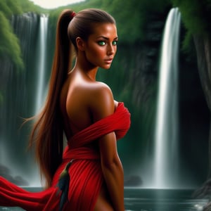 sexy cute  super dark tanned woman with deep green   eyes and super long red wrap around ponytail, huge waterfalls, and birds and butterflies, 
big breast ,big booty, award winning hyper realistic, hyper quality,  perfect composition,insanely stunning and gorgeous
