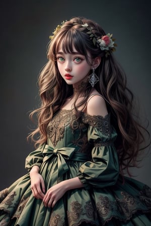 A little girl maybe 3 years with super long hair and deep green eyes in a ball gown from waist up ,hyper quality, hyper realistic 