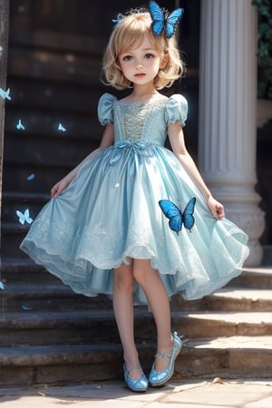 beautiful little girl with blonde hair dressed as Cinderella with butterfly shoes and blue butterfly's flying every wear in a Cinderella puffy dress. 