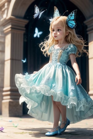 beautiful little girl with blonde hair dressed as Cinderella with butterfly shoes and blue butterfly's flying every wear in a Cinderella puffy dress. 