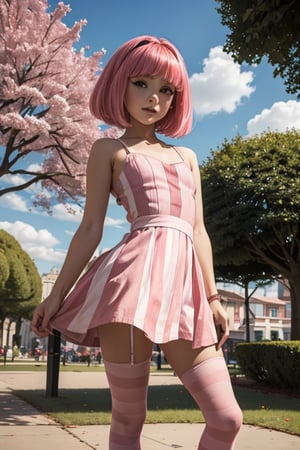(((masterpiece))), underaged, tiny_girl, skinny, petite, loli, sthepanie, chica con cabello rosado y un top rosa, linda chica con cabello rosado corto,  stephanie, pink striped dress stockings personaje icónico, in the park, beautiful day perfecteyes