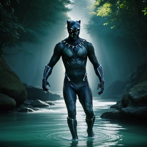 Black Panther walking into a glowing bright blue river glistening, hyper quality 