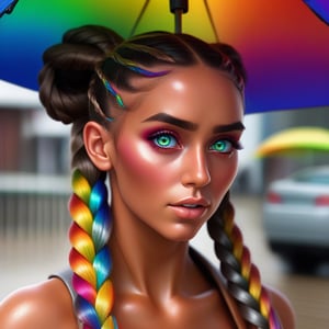 sexy cute  super dark tanned woman with rainbow colored eyes and super long rainbow braided pigtails, under a umbrella , 3d, close up of her face, award winning hyper realistic, hyper quality,  perfect composition,insanely stunning and gorgeous
