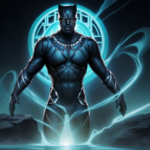 Black Panther from Marvel character made of white chocolate melting into a glowing bright blue river glistening, hyper quality 