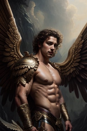 photorealistic portrait of a muscular male angel hiding behind his big wings, large wings, highly detailed portrait, atmospheric lighting, high quality, 4 k, by leonardo gallagher ich parrish, tom bagshaw, smooth, sharp focus, by gaston bussiere  and j