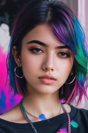 1girl, isometric, shukezouma, octane render, hdr, (hyperdetailed:1.15), (soft light, sharp:1.2), aesthetic, (Argentinian |Cuban |Colombian |Mexican) 20 years old woman, (detailed facial features), gorgeous face, big boobs, grunge style, standing in her messy bedroom, pale skin, wearing eyeliner, grainy, pastel goth, scene hair, (emo girl), teased hair, wearing bracelets, wearing choker necklace, ((detailed face)), selfie, rainbow painting drops, paint teardrops, girl made up from paint, entirely paint, splat, splash, paint bulb, paint drops, broad light, backlighting, bloom, light sparkles, chromatic aberration, (bubblegum Vaporwave aesthetic), Rashmikasdxl