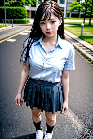 (((masterpiece))), (((best quality))), Best picture quality, high resolution, 8k, realistic, sharp focus, realistic image of elegant lady, Japanese beauty, supermodel, girl, standing, wearing short-sleeved school uniform, dark-colored skirt, pleated skirt with tartan pattern, bubble socks, student shoes, light brown hair, long hair, green eyes, side-swept bangs, sideburns, phone, (wet body:1.0), sunlight, sweat, helf body, shoes removed, Head tilt, untucked, Profile, (high quality:1.0), (white background:0.8), detailed face, (blush:1.0), 1 girl, Young beauty spirit, perfect light, Detailedface, big eyes, Sharp Eyess, perfect eyes , Smirk, Detailed face, dreaming back ground, photo of perfecteyes eyes,<lora:659111690174031528:1.0>