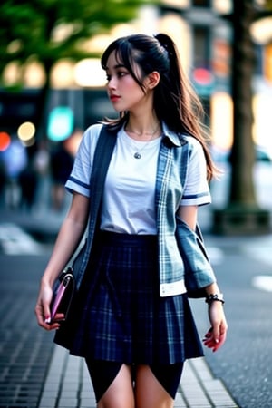 (((masterpiece))), (((best quality))), Best picture quality, high resolution, 8k, realistic, sharp focus, realistic image of elegant lady, Japanese beauty, supermodel, girl, standing, wearing short-sleeved school uniform, dark-colored skirt, pleated skirt with tartan pattern, bubble socks, student shoes, light brown hair, long hair, green eyes, side-swept bangs, sideburns, phone, (wet body:1.0), sunlight, sweat, helf body, shoes removed, Head tilt, untucked, Profile, (high quality:1.0), (white background:0.8), detailed face, (blush:1.0), 1 girl, Young beauty spirit, perfect light, Detailedface, big eyes, Sharp Eyess, perfecteyes eyes , Smirk, Detailed face, perfect light, ZGirl,dreaming_background, photo of perfecteyes eyes,<lora:659111690174031528:1.0>