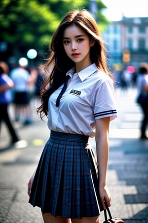 (((masterpiece))), (((best quality))), Best picture quality, high resolution, 8k, realistic, sharp focus, realistic image of elegant lady, Korean beauty, supermodel, girl, standing, wearing short-sleeved school uniform, dark-colored skirt, pleated skirt with tartan pattern, bubble socks, student shoes, light brown hair, long hair, green eyes, side-swept bangs, sideburns, phone, (wet body:1.0), sunlight, sweat, a dog, helf body, shoes removed, Head tilt, untucked, Profile, (high quality:1.0), (white background:0.8), detailed face, (blush:1.0), 1 girl, Young beauty spirit, perfect light, Detailedface, big eyes, Sharp Eyess, perfecteyes eyes , Smirk,Detailedface, perfect light, ZGirl,dreaming_background, photo of perfecteyes eyes,<lora:659111690174031528:1.0>