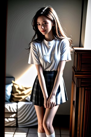 (((masterpiece))), (((best quality))), Best picture quality, high resolution, 8k, realistic, sharp focus, realistic image of elegant lady, Korean beauty, supermodel, girl, standing, wearing short-sleeved school uniform, dark-colored skirt, pleated skirt with tartan pattern, bubble socks, student shoes, light brown hair, long hair, green eyes, side-swept bangs, sideburns, phone, (wet body:1.0), sunlight, sweat, a dog, helf body, shoes removed, Head tilt, untucked, Profile, (high quality:1.0) (white background:0.8), detailed face, (blush:1.0), 1 girl,Young beauty spirit, ZGirl, perfect light, Detailedface,1 girl, big eyes, eye shadow ,SharpEyess, 
,perfecteyes eyes ,Smirk,Detailedface,perfect light,ZGirl,dreaming_background,photo of perfecteyes eyes,,<lora:659111690174031528:1.0>