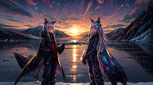 masterpiece,colorful,{best quality},detailed eyes,high constrast,ultra high res.,amidef,Seele is in a ice mountain seeing a huge blueprple glowing ice village with glowing nebula sky while the sun is setting down with big galaxy like stars.,giving a sad yet with a little hope. ,animal ears,long hair,hikaru1,layersuit,full_body,reflection in the ice