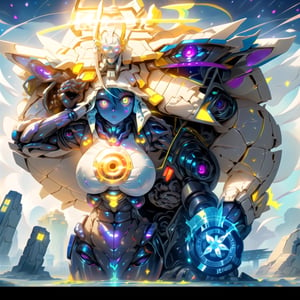 big_boobies,masterpiece,colorful,best quality,detailed hand and eyes, pupil_ magic:circle eye,high constrast,ultra high res,mecha musume,mecha, "A girl is using a amazing mecha armour that easily shines agains the sun rays coming from around her she's uses 2 mecha gloves with the same colors in her breath taking mechanical thruster style wings that makes her float above the ground,shes looking at a building with her colorful glowing eyes and a curious face she is searching for something in that
vast ruins of once a giant city with very open space around her,the wings glow at a nebular colorfull color with body showing in humanoid form