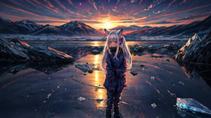 masterpiece,colorful,{best quality},detailed eyes,high constrast,ultra high res.,amidef,Seele is in a ice mountain seeing a huge blueprple glowing ice village with glowing nebula sky while the sun is setting down with big galaxy like stars.,giving a sad yet with a little hope. ,animal ears,long hair,hikaru1,layersuit,full_body,reflection in the ice