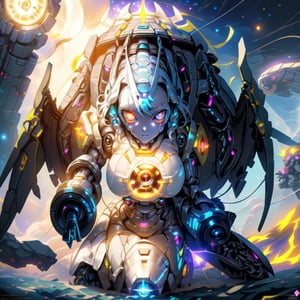 big_boobies,masterpiece,colorful,best quality,detailed hand and eyes, pupil_ magic:circle eye,high constrast,ultra high res,mecha musume,mecha, "A girl is using a amazing mecha armour that easily shines agains the sun rays coming from around her she's uses 2 mecha gloves with the same colors in her breath taking mechanical thruster style wings that makes her float above the ground,shes looking at a building with her colorful glowing eyes and a curious face she is searching for something in that
vast ruins city,very open space around her,her wings glow at a nebular color