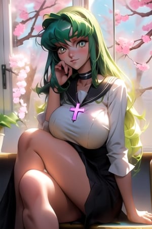 c.c,big_boobies,masterpiece,colorful,best quality, c.c sitting cross leg with hand into the chin,cute face, the background is a classroom where theres a huge window which light comes true and c.c is alone just chilling looking at the sakura trees through the window,c.c.,detailed hand and eyes, pupil_ magic:circle