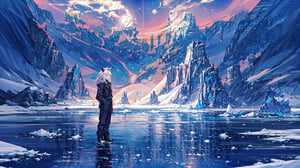 masterpiece,colorful,{best quality},detailed eyes,high constrast,ultra high res.,amidef,Seele is in a ice mountain seeing a huge blue,purple glowing ice village with glowing nebula sky while the sun is setting down with big galaxy like stars.,giving a sad yet with a little hope. ,animal ears,long hair,hikaru1,layersuit,full_body,reflection in the ice and snown