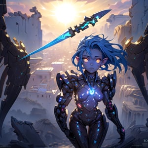 masterpiece,colorful,best quality,detailed hand and eyes, pupil_ magic:circle eye,high constrast,ultra high res,mecha musume,mecha,mecha girl, "A hot human elf girl is inside a amazing mecha bodysuit armour that cover some parts of her body and that armour easily shines agains the sun rays coming from around her she's uses 2 mecha gloves with the same colors in her breath taking mechanical thruster style wings that makes her float above the ground,shes looking at a building with her colorful glowing eyes and a curious face she is searching for something in that
vast ruins of once a giant city with very open space around her,the wings glow at a nebular colorfull color with her full body showing in a humanoid form,she has a small body.Mechanical parts,bodysuit,she is using a tiny yet powerful scythe that can cut through almost everything